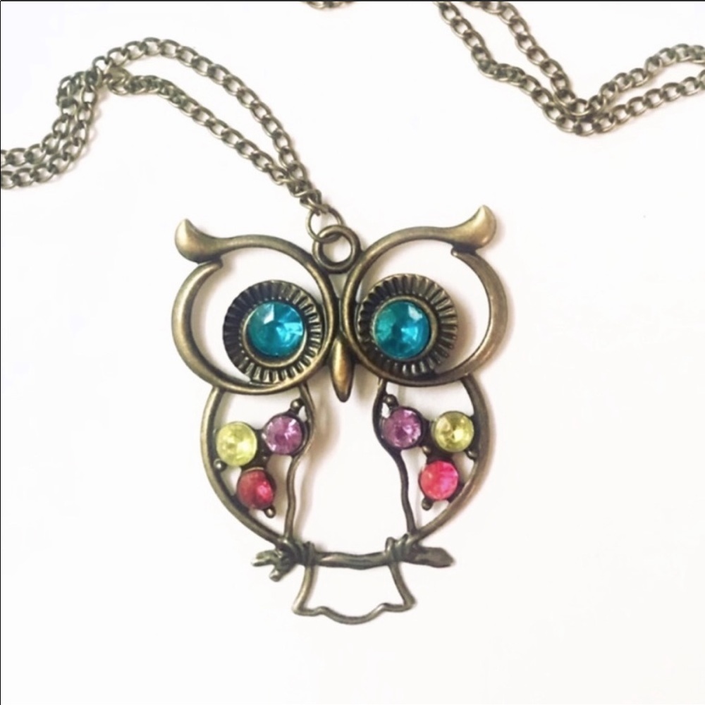 Antique Style Owl Necklace With Jewel Gems